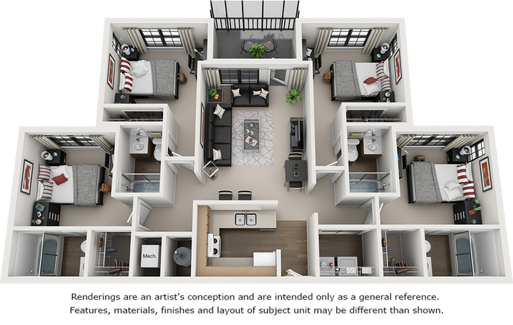 A 3D image of the 4BR/4BA floorplan, a 1596 squarefoot, 4 bed / 4 bath unit