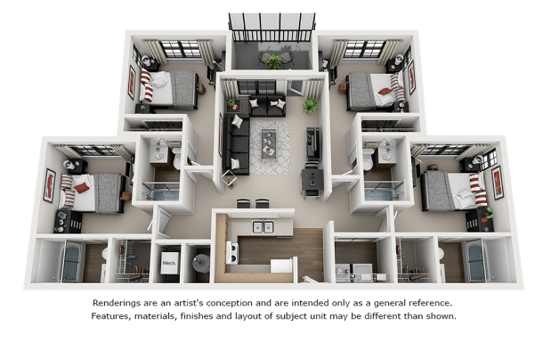 A 3D image of the 4BR/4BA – Platinum floorplan, a 1596 squarefoot, 4 bed / 4 bath unit