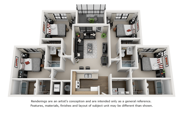 A 3D image of the 4BR/4BA floorplan, a 1596 squarefoot, 4 bed / 4 bath unit