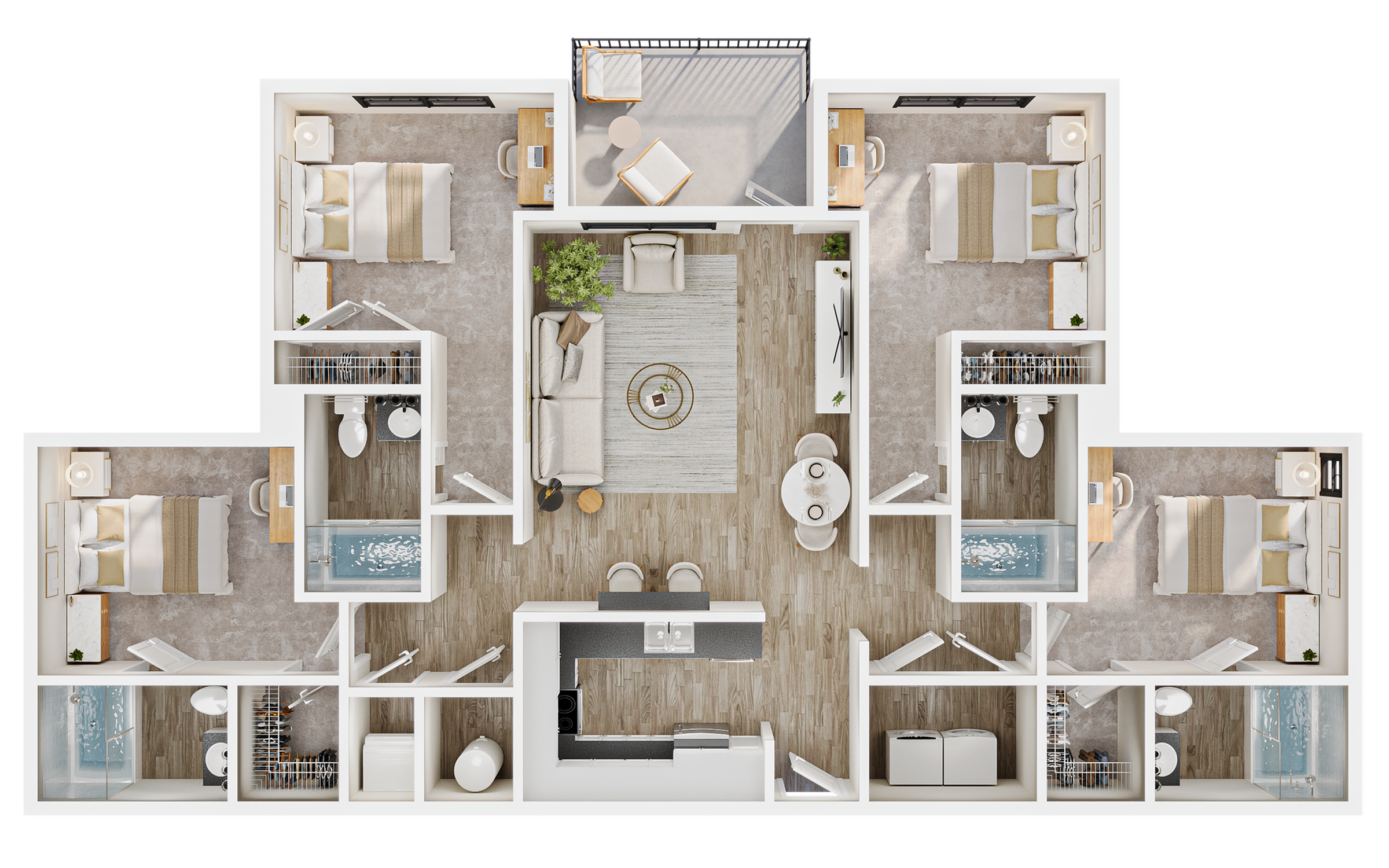 A 3D image of the 4BR/4BA – Platinum floorplan, a 1596 squarefoot, 4 bed / 4 bath unit
